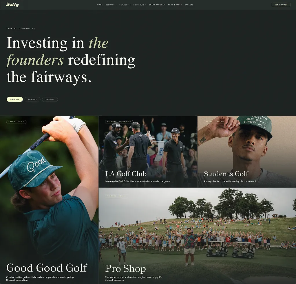 Brekky portfolio page design with Good Good Golf, LA Golf Club, Students Golf, and Pro Shop project cards