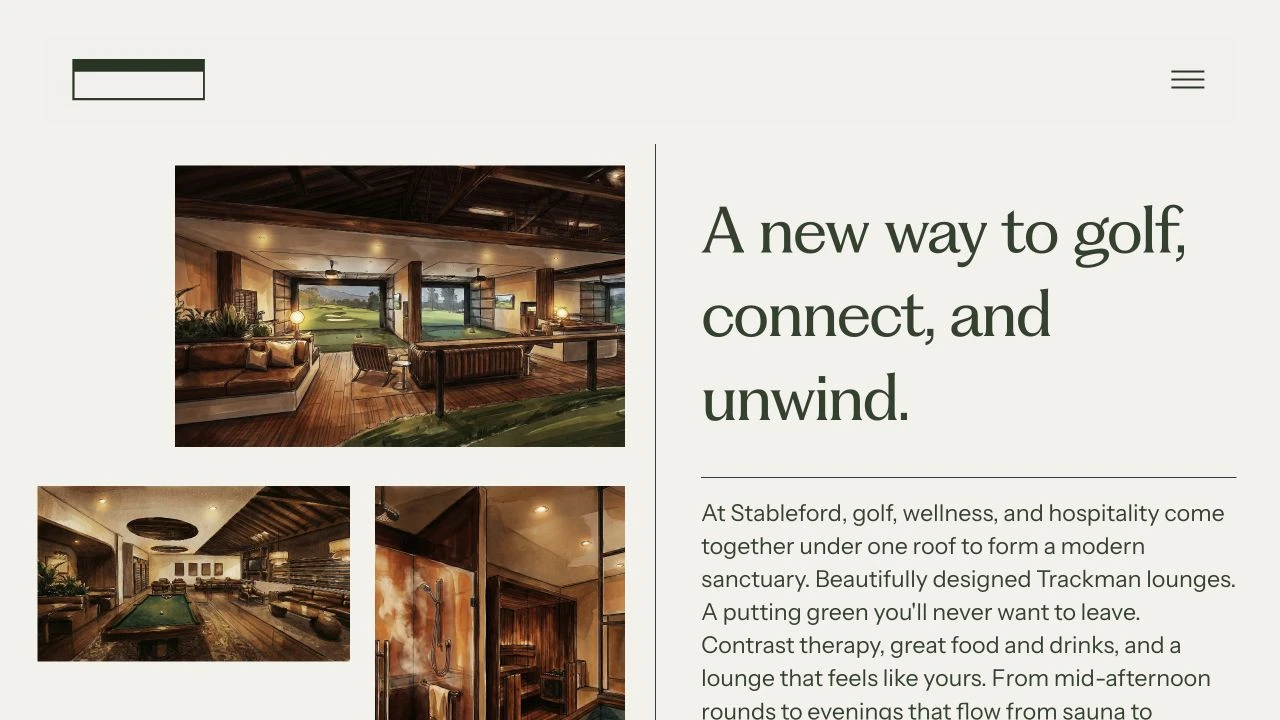 Stableford editorial website layout introducing golf, wellness, and hospitality